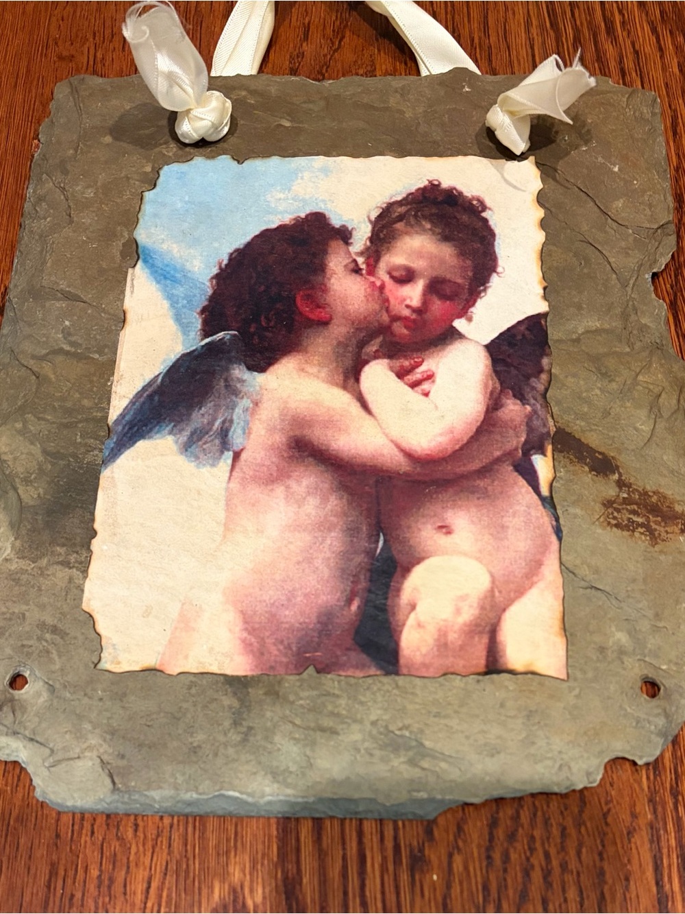 Slate Cherub Wall Plaque in Cream and Blue